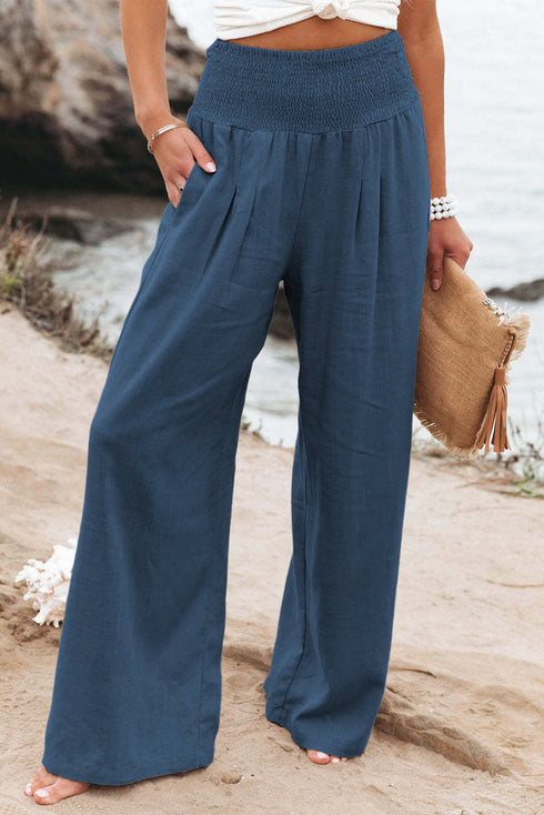 Smocked Wide Waistband High Waist Wide Leg Pants